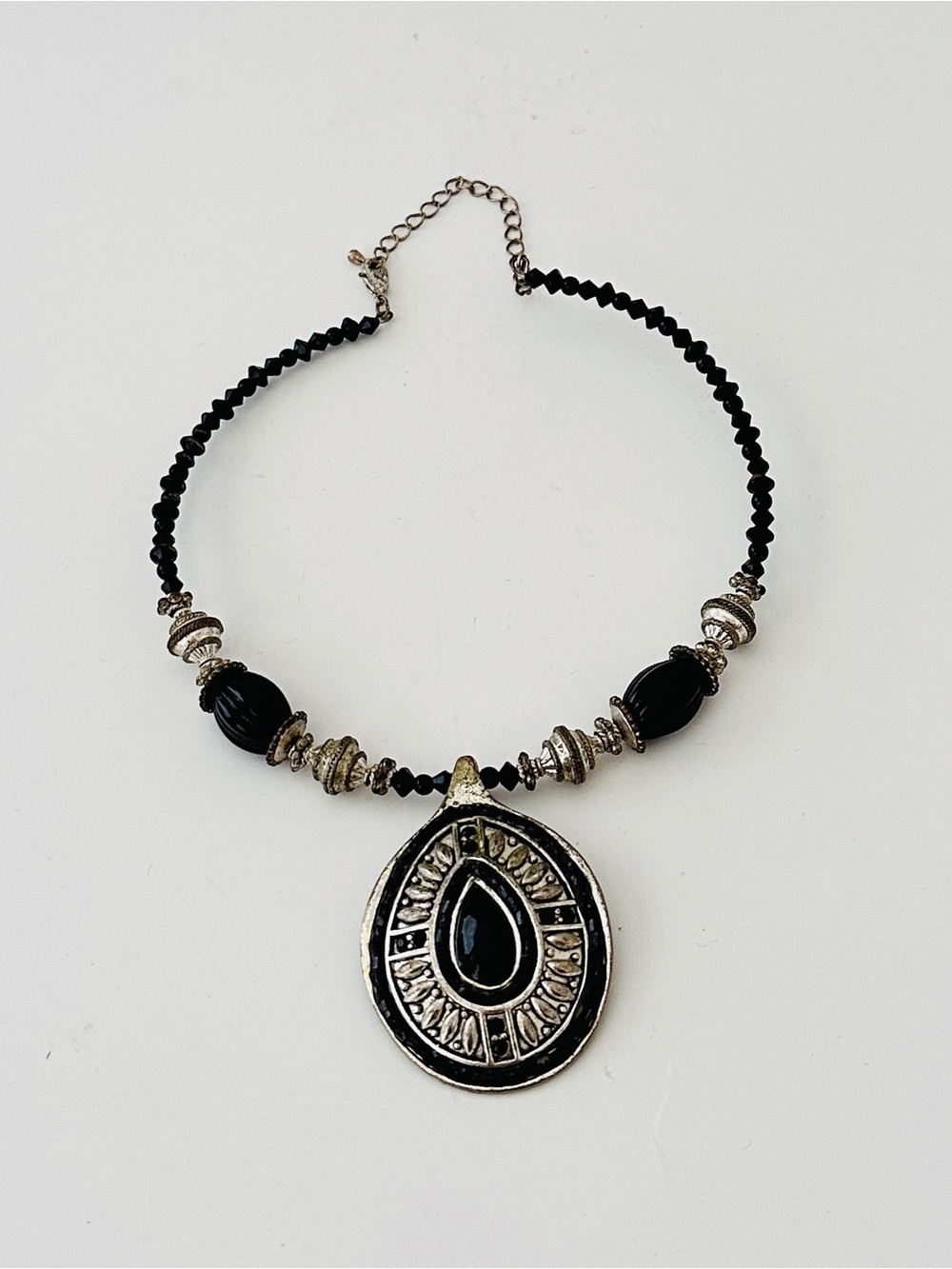 Vintage Pendant Large Teardrop Medallion Adjustable Beaded Necklace
